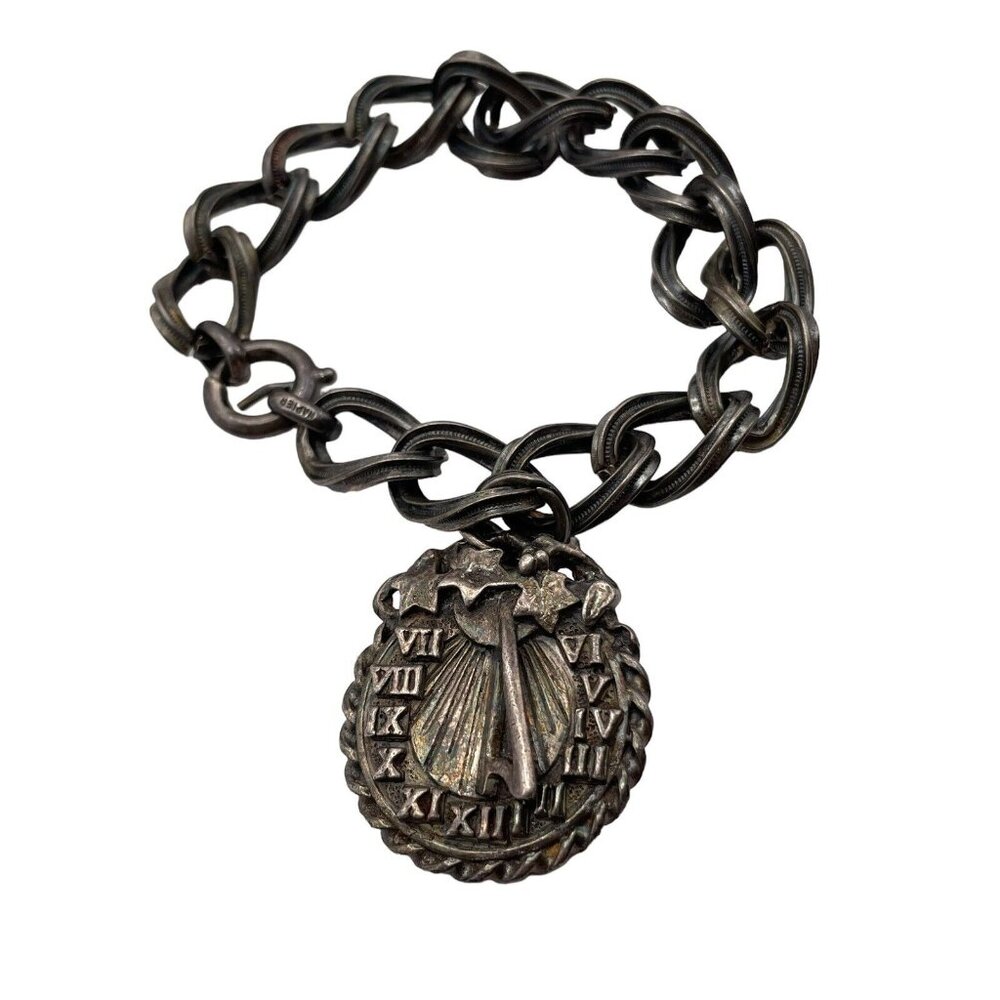NAPIER STERLING SILVER PLATED CHAIN LINK‎ BRACELET & CLOCK DANGLE CHARM VINTAGE